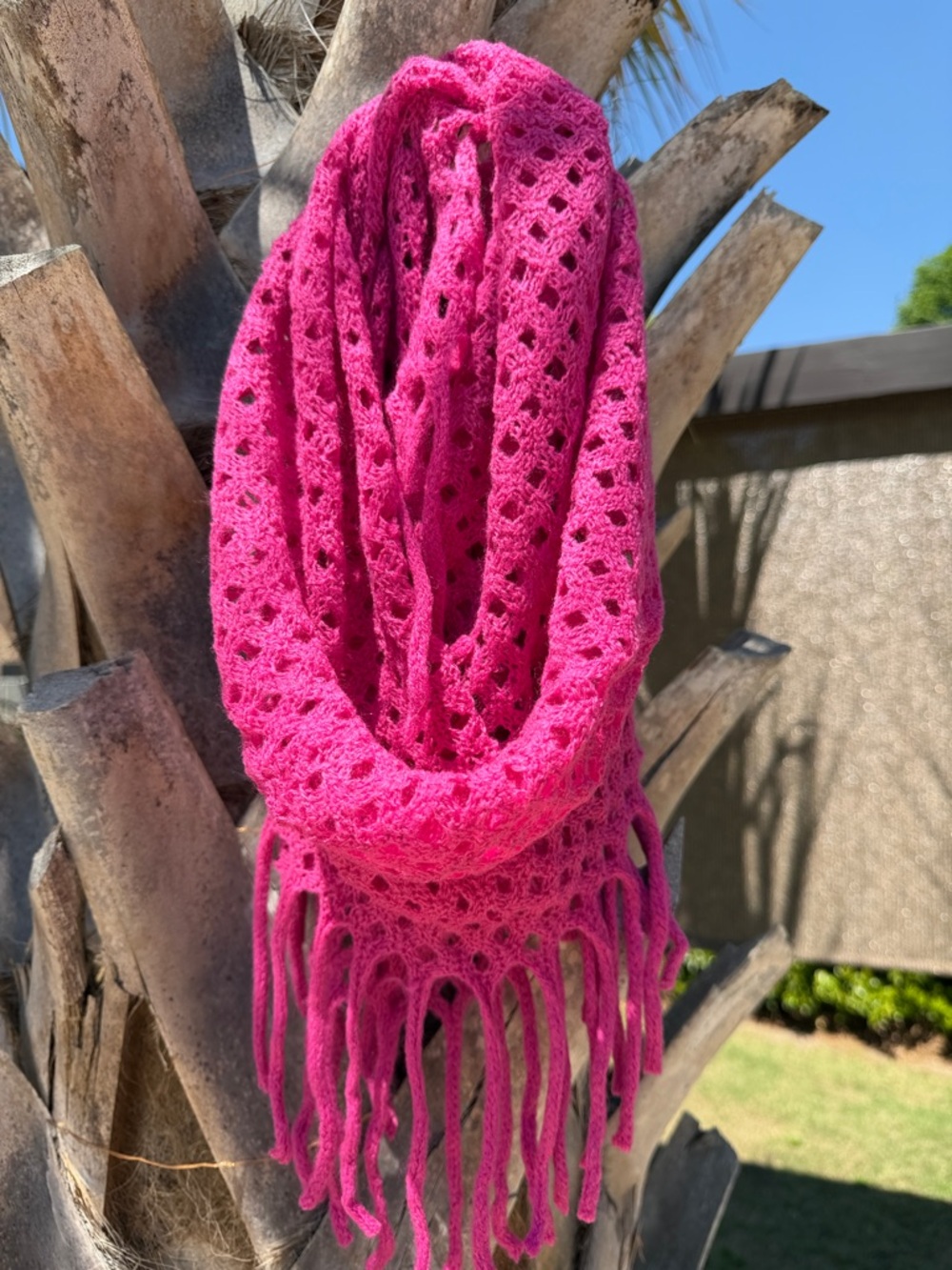 Hot Pink Crochet Fringe Scarf